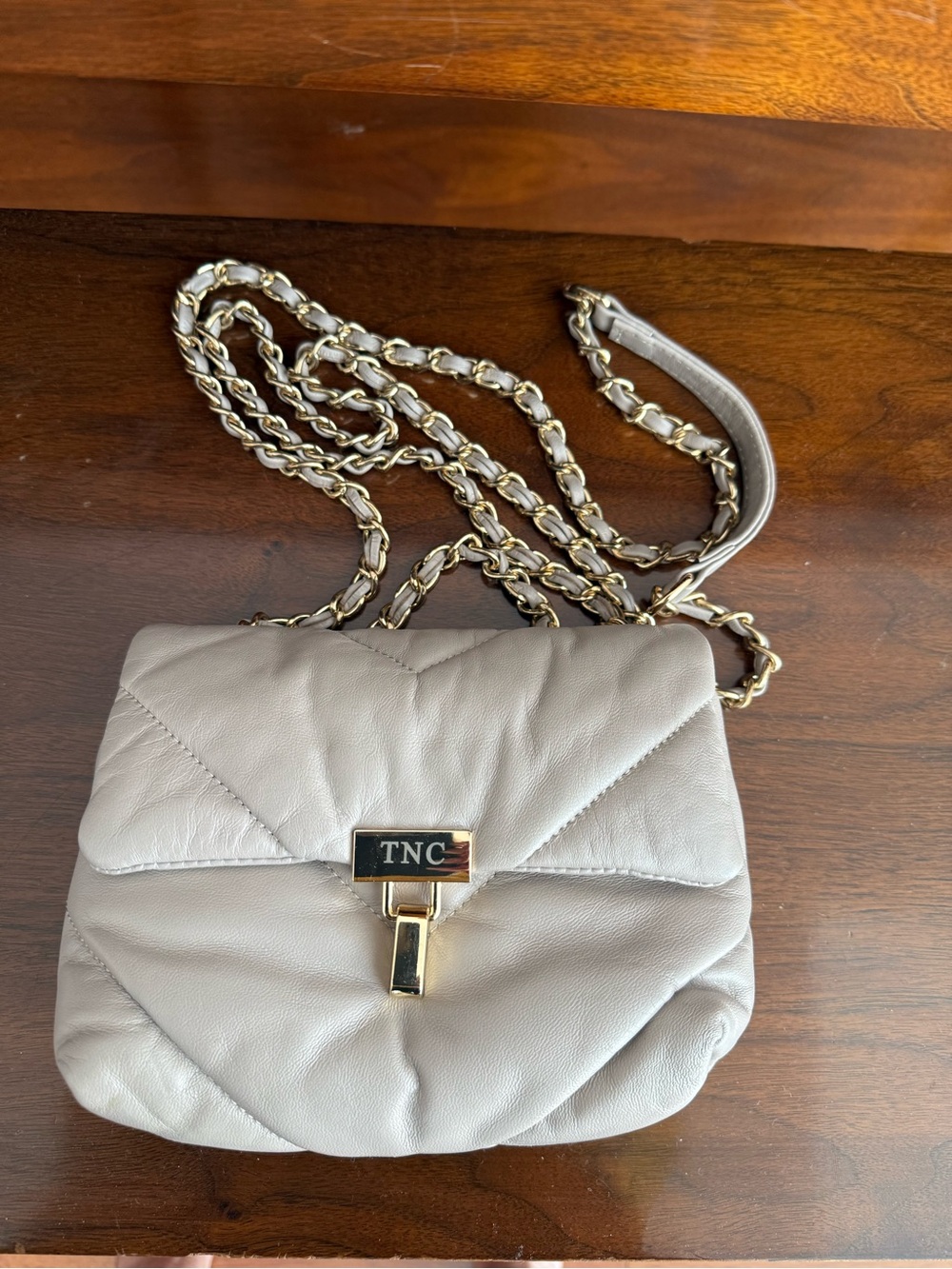 Quilted Shoulder Bag in Light Gray with Gold Hardware